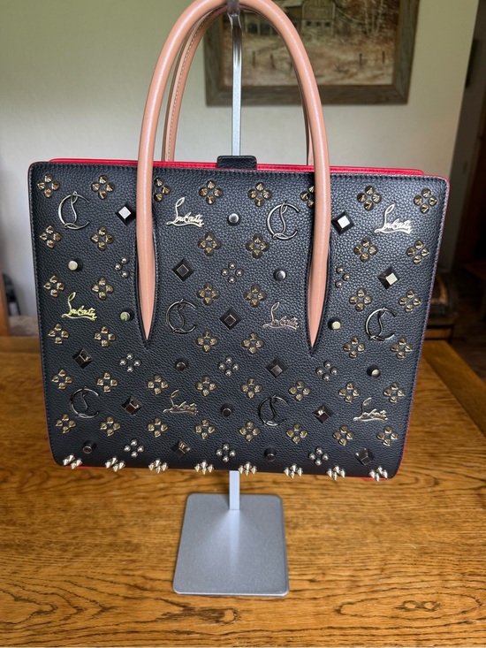 Christian Louboutin Handbags - Christian Louboutin Paloma Black Studded Tote with Tan Handles and Red Trim